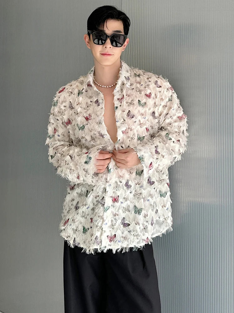 Voguable Korean Tassel Design Long Sleeve Shirts Men's Elegant 2024 New Butterfly Printed Loose Fashion Tops voguable