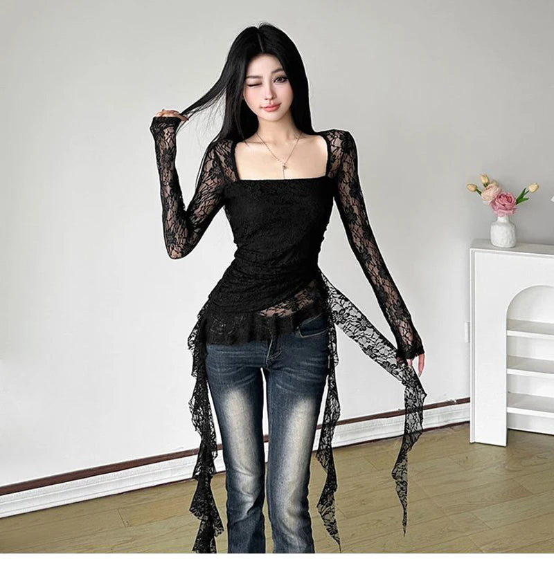 Y2K Ruffles Lace T Shirts Women Sexy Slim Long Sleeve Streetwear Tops Fashion Square Collar Irregular Design Female Tees voguable
