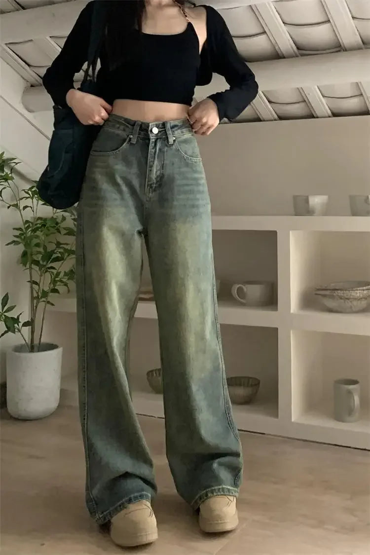 Vintage High-waisted Slimming Jeans American Style Casual Bell Bottoms Versatile Straight-leg Long Pants For Women voguable