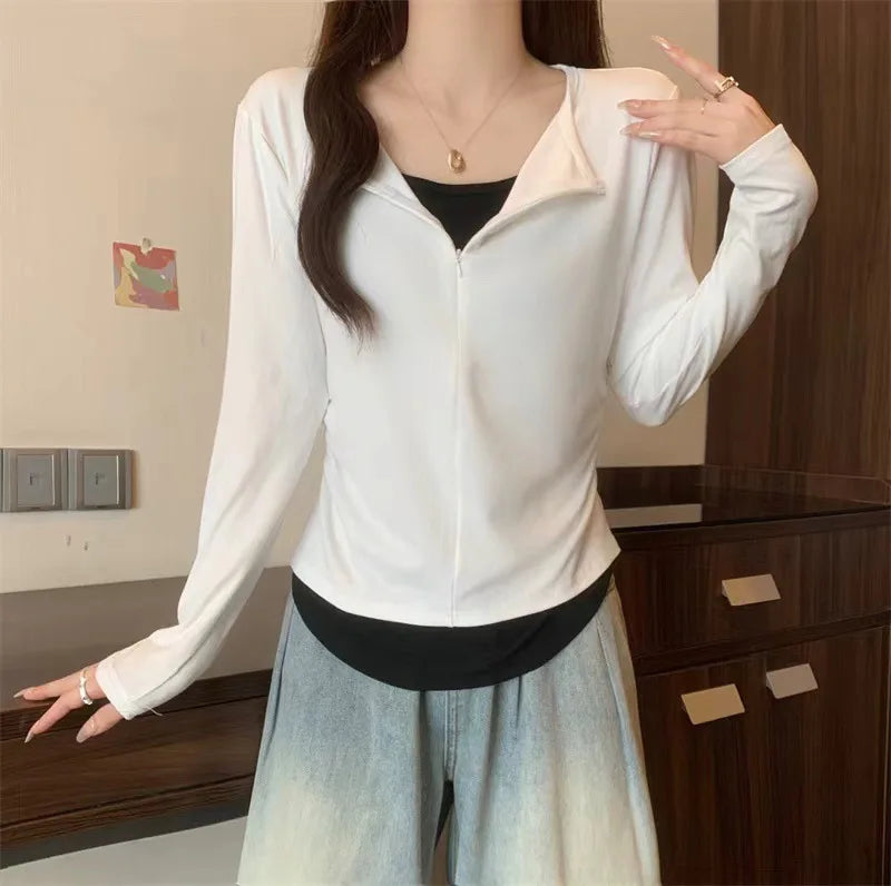 Long Sleeve T Shirt Women Fashion Fake Two Pieces Patchwork Basic Slim Zipper Slimming Bottoming Shirt Retro Red Casual T-shirt voguable