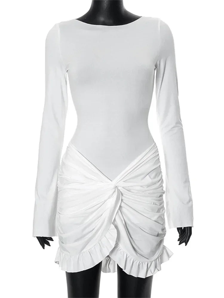 Ruffled Twist Skinny MIni Dress Women's Long Sleeve Patchwork High Waist Sexy Fashion Party Dress Female Y2k Bodycon Dress voguable