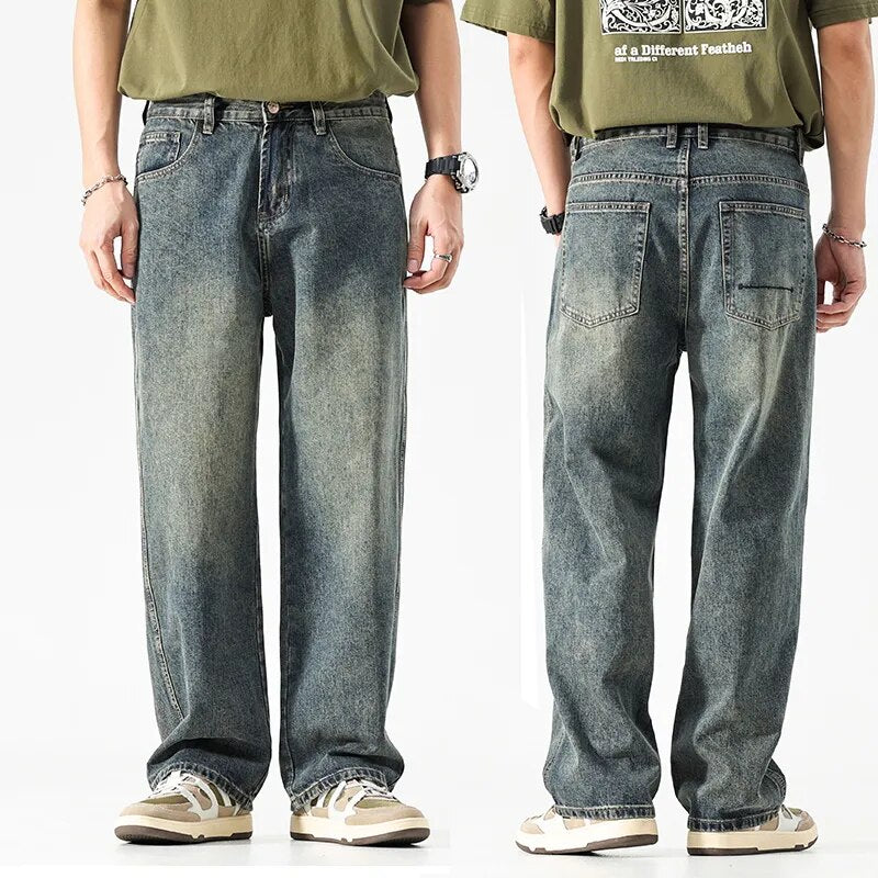 Wide Leg Jeans Men Baggy Pants Summer Straight Cut Loose Retro Blue Denim Pants Streetwear Fashion Pockets Vintage Man Clothes voguable
