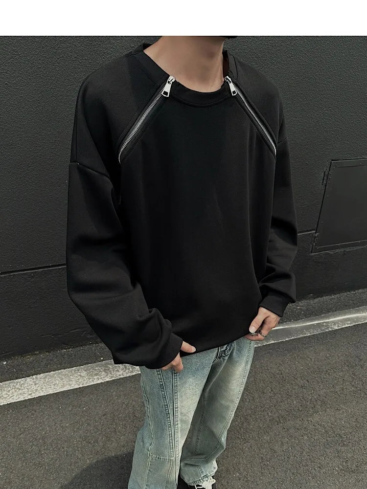 2025 Spring Men Sweatshirts Metal Zipper Solid Color Casual O Neck Fashion Oversize Streetwear Hip Hop Male White/Black voguable