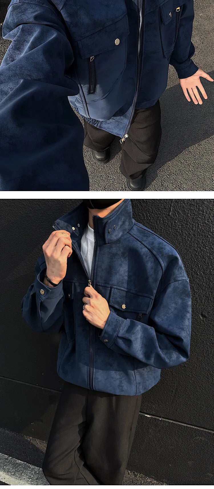 Mens Short Stand Collar Motorcycle Jacket Patchwork Cargo Biker Coat Spring Outdoor Riding Fashion Streetwear Urban Trendy voguable