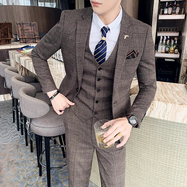 Voguable S-7XL ( Blazer + Vest + Pants ) Groom Wedding Dress Dark Plaid Classic Retro Men's Formal Business Suit Three-Piece Set voguable