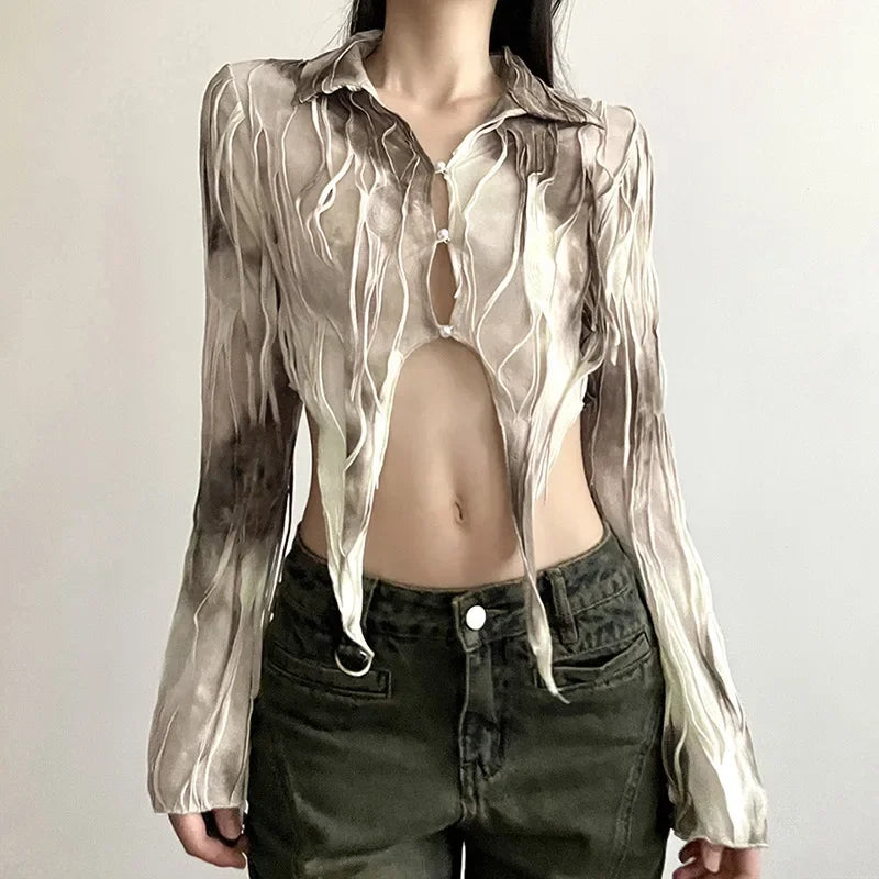 Goth Dark Tassel Tie Dye Fairy Grunge Sexy Blouses Gothic Vintage Y2k Frayed Women Crop Tops Streetwear Long Sleeve Slim T-shirt voguable