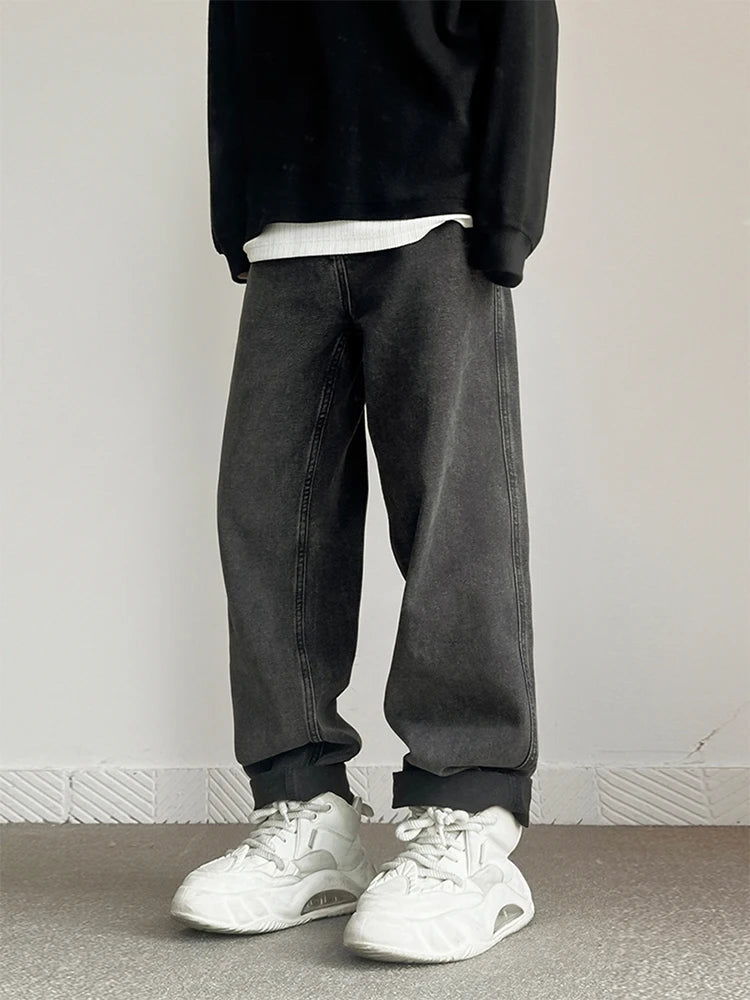 New Fashion Korean Men's Baggy Straight Jeans Classic Black Gray High Street Denim Pants Streetwear High Quality Male Trousers voguable