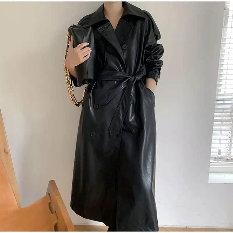 Leather Long Jacket Women Autumn Winter Oversize Lapel Long Sleeve Street Female Coat Belt Double Breasted Loose PU Coats