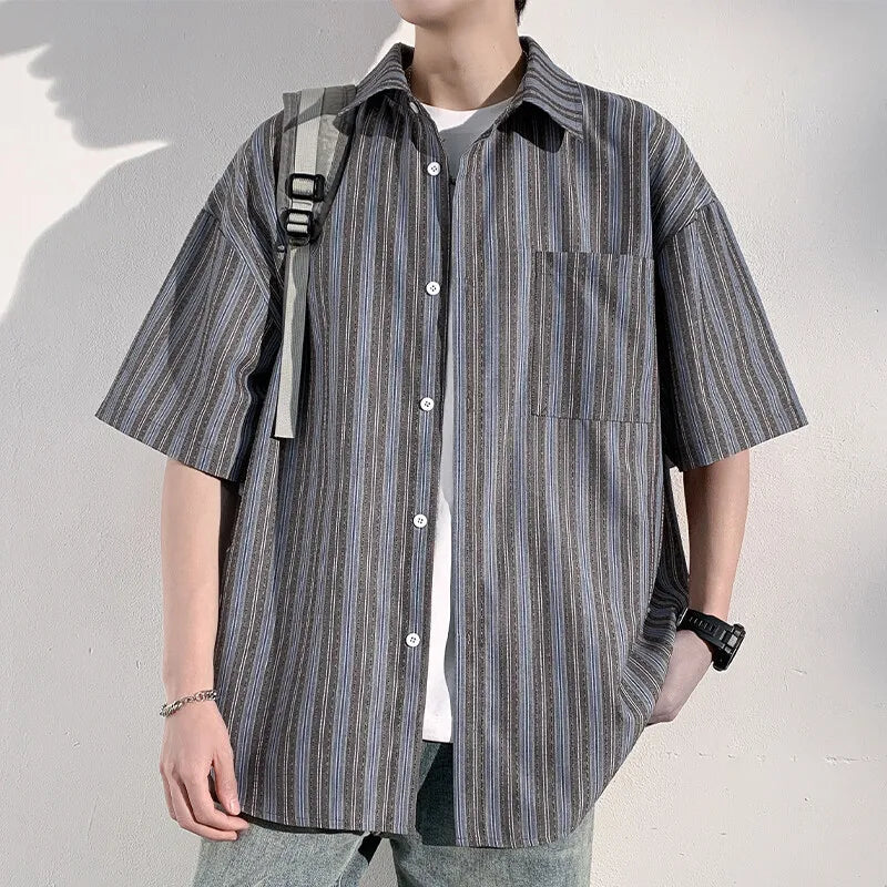Voguable  Men's Casual Breathable Short Sleeve Shirt Vertical Stripe Color-Block Lapel Relaxed Fit Trendy Summer Style Top voguable