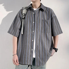 Voguable  Men's Casual Breathable Short Sleeve Shirt Vertical Stripe Color-Block Lapel Relaxed Fit Trendy Summer Style Top voguable