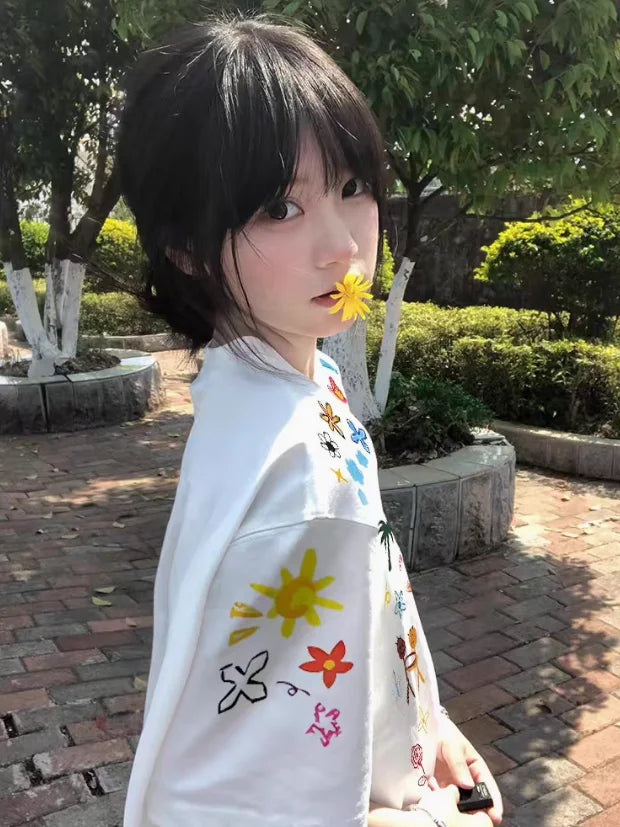 Women's Printing Flowers Tee Summer Sweet O-Neck Cotton High Street Loose Soft T-Shirt Oversize Casual Basic T-shirt Clothing voguable