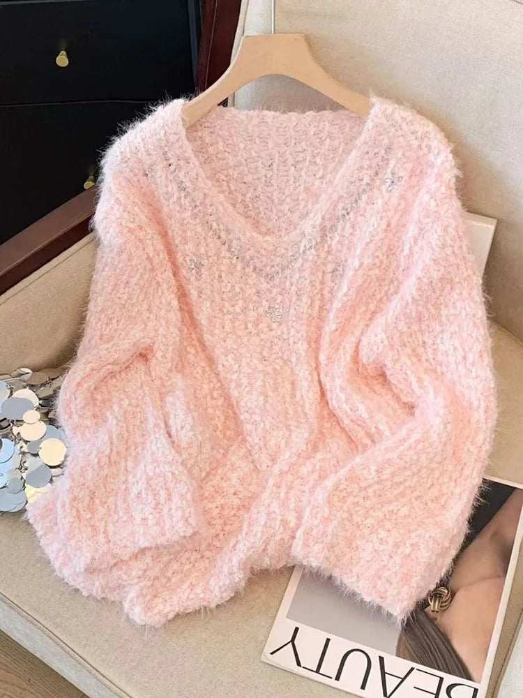 Pink Sweet Knitted Sweaters Women Fashion Lazy Wind Diamond Elegant Jumper Korean Chic Long Sleeve Loose Fall Winter Pullovers voguable