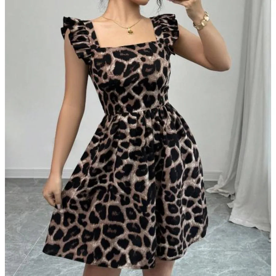 Voguable  Summer leopard print lace backless ruffle hem dress voguable