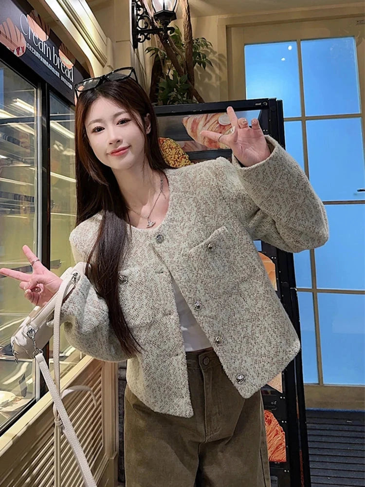 Sweet Women Slim Elegant Jacket Vintage Long Sleeve O Neck Fall Short Coat Korean Small Fragrance Single Breasted Lady Tops voguable
