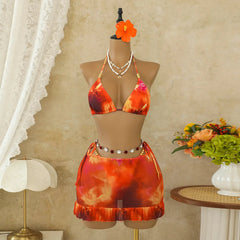 Voguable  Women Ombre Floral 3 Piece Bikini Set Bead Halter Triangle Top Side Tie Ruffle Hem Mesh Cover Up Skirt Beach Swimwear Bikinis voguable