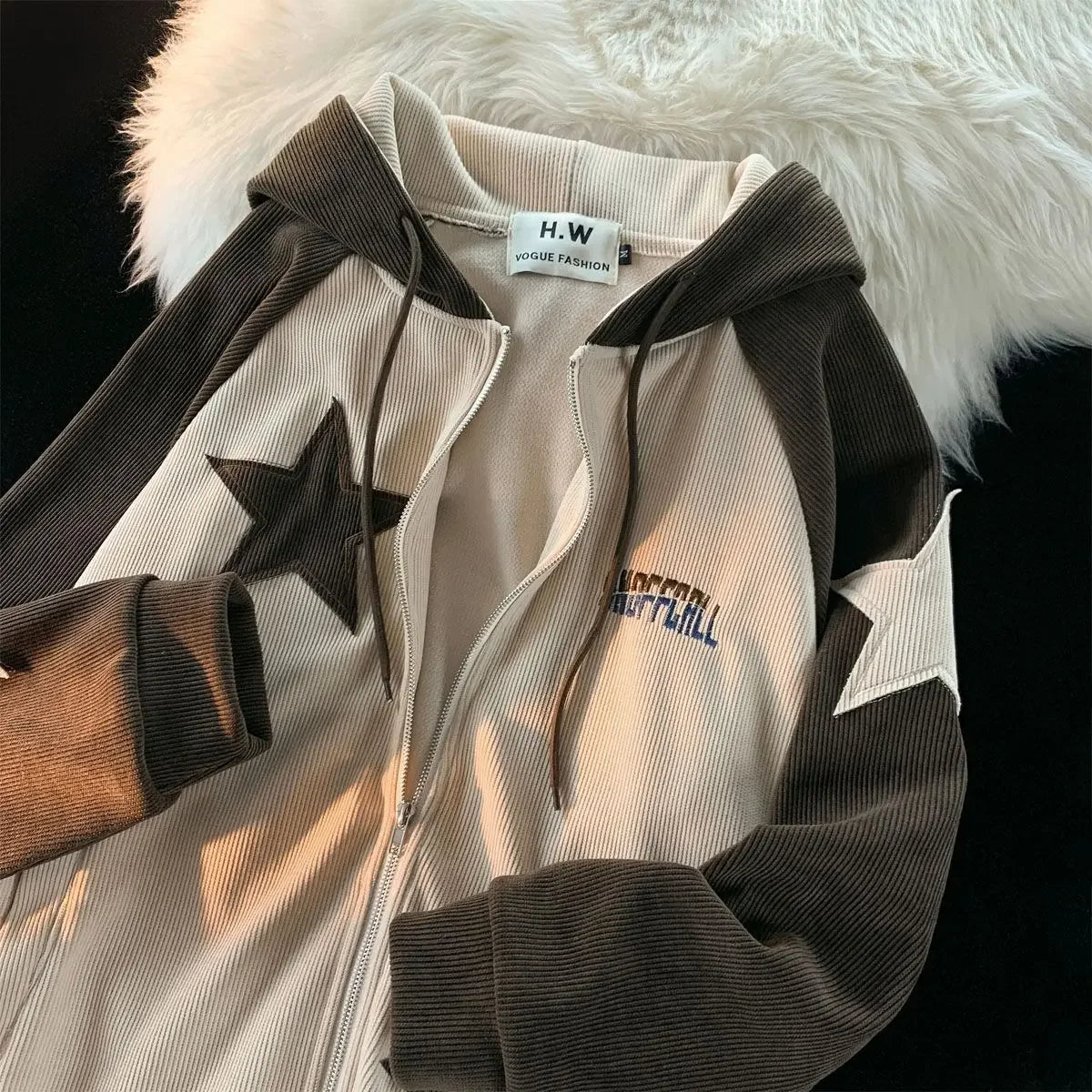 Voguable Y2K Harajuku Style New Fashion Star Patch Zipper Hooded Women Streetwear Popular Casual Joker Sweatshirt Unisex Stitching Tops voguable