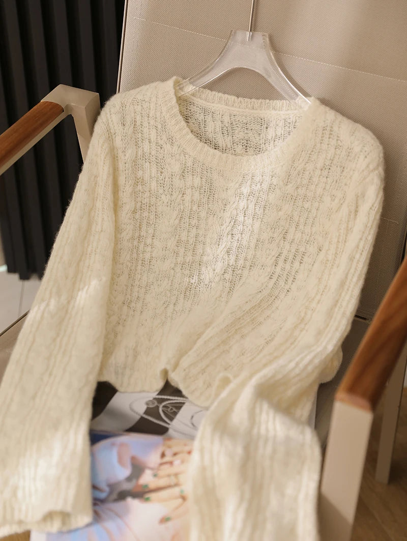 Cable Knit Crop Sweater for Women Long Sleeve Crew Neck Pullover Boxy-fit Plain Jumper Teen-girl Fall Winter Y2K Outfit voguable