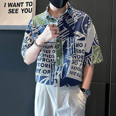 Voguable  Men Clothing Summer Trendy Print Lapel Pocket Button Down Shirt Casual Streetwear Short Sleeve Loose Chic Tops Camisas De Hombre voguable