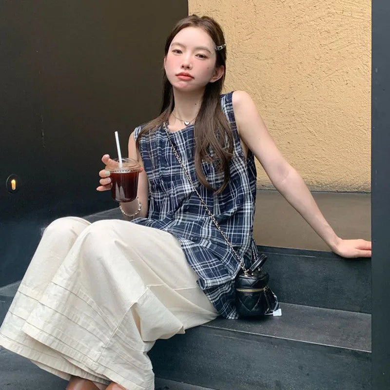 Japanese Sweet Plaid Shirt Women Summer Chic Patchwork Sleeveless Blouse Female New Loose Streetwear All Match O Neck Tops voguable