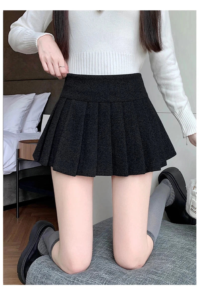 Retro Faux Woolen Pleated Skirt Women Sweet Slim Sexy Mini A Line Skirts Preppy Style High Waist Fall Winter Korean Skirt voguable
