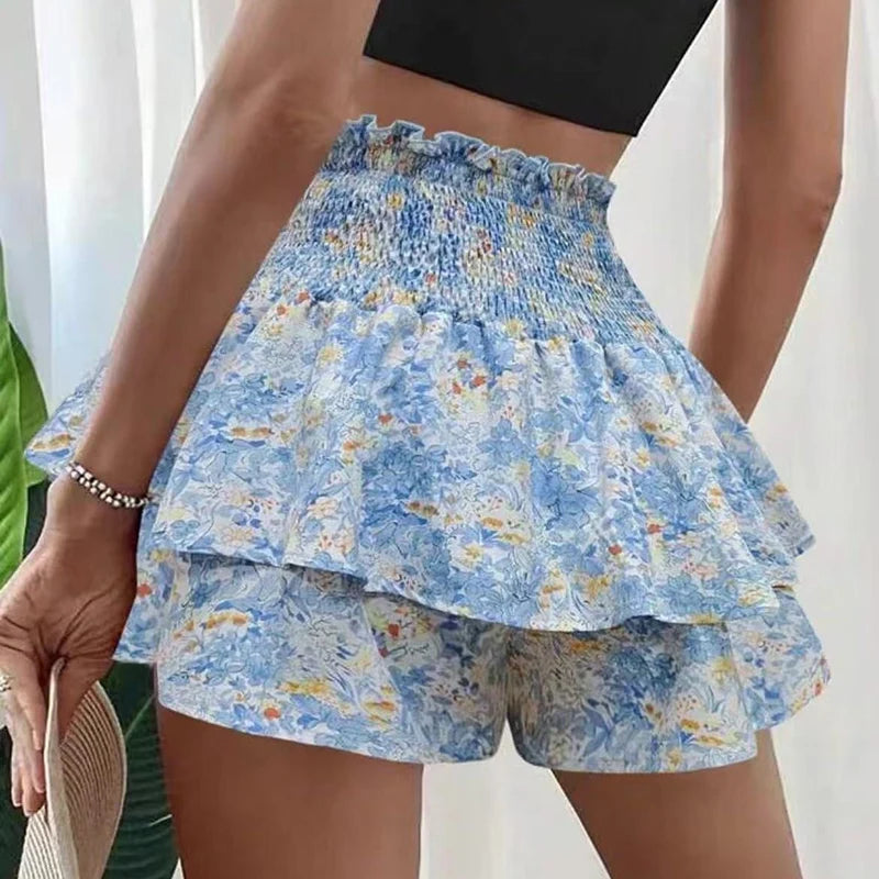 Voguable  Fashion Florals Mini Skirt for Women Summer Casual Waist Shaping Ruffled Hem Short Skirt Woman Drawstring Wide Leg Half Skirts voguable