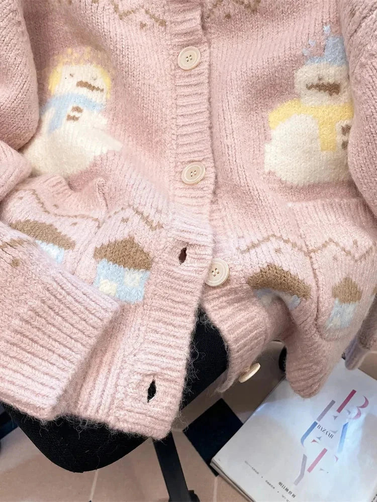 Cute Snowmen Pink Cardigan Sweater Women Vintage Sweet Print Loose Knitted Coat Japan Fall Winter Kawaii Female O Neck Tops voguable