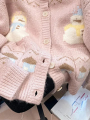 Cute Snowmen Pink Cardigan Sweater Women Vintage Sweet Print Loose Knitted Coat Japan Fall Winter Kawaii Female O Neck Tops voguable