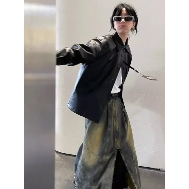 Voguable Fake Two-piece Loose Casual Zipper Jeans Women Autumn New Korean Distressed Washed All-match Denim Wide-leg Pants voguable