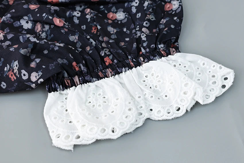 Voguable  Summer Vintage Lace Print High Waist Dress Sexy Mini A Line Dresses Street Chic For Woman Puff Sleeve Holiday Dress voguable