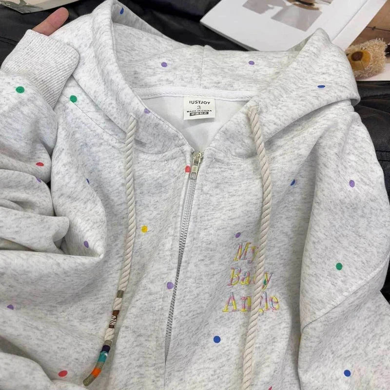Vintage Dot Sweet Hoodies Women Letter Embroidery Cute Loose Sweatshirts Casual Preppy Style Long Sleeve Lady Japan Tops voguable