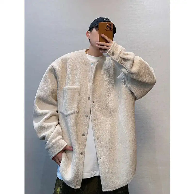 Hong Kong Style Retro Coat Versatile Solid Color Lamb Fur Plus Velvet Shirt Fashion High-end Autumn Winter Loose Fleece Jacket voguable