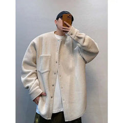 Hong Kong Style Retro Coat Versatile Solid Color Lamb Fur Plus Velvet Shirt Fashion High-end Autumn Winter Loose Fleece Jacket voguable