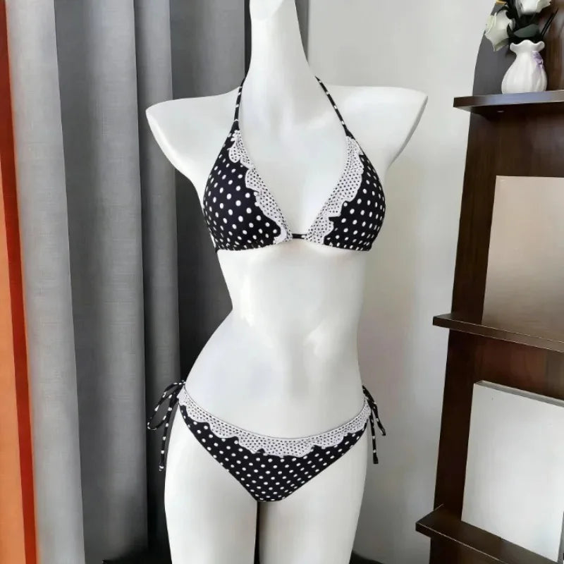 Voguable  Japanese Style Kawaii Girls Swimsuit Sweet Printed Halter Bikini Swimsuit Women Ruffle Bikini Set Bather Bathing Suit Swim voguable