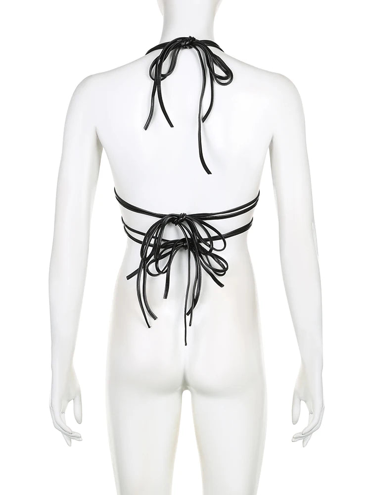 Dark Rivet Bandage Pu Leather Camis Halter Tops Punk Style Gothic Sleeveless Backless Crop Tops Women Streetwear voguable