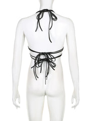 Dark Rivet Bandage Pu Leather Camis Halter Tops Punk Style Gothic Sleeveless Backless Crop Tops Women Streetwear voguable