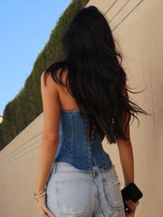 Voguable Sexy Denim Corset Strapless Crop Tube Top Summer Solid Off Shoulder Bustier Party Sleeveless Tank Tops Women Clubwear voguable