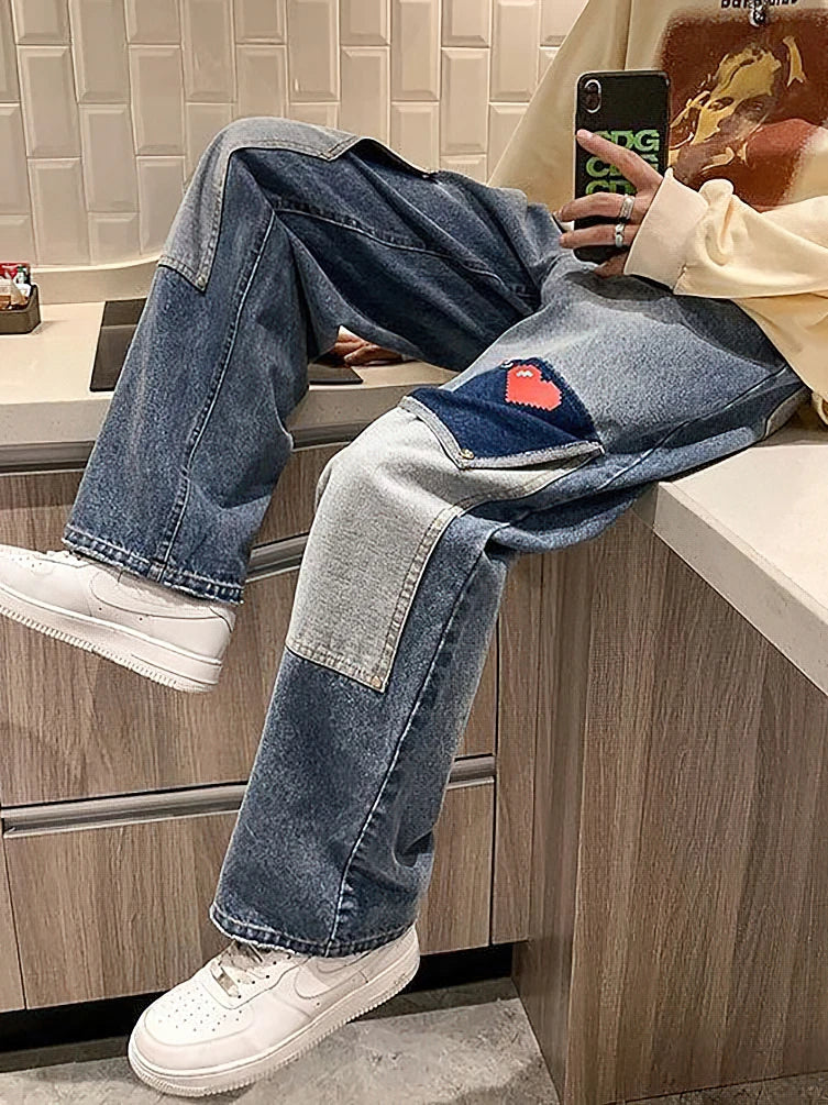 Voguable  Harajuku Wide Leg Baggy Cargo Jeans Pants Men Heart Oversize Straight Casual Denim Long Trousers Streetwear Vintage Y2k Hip Hop voguable
