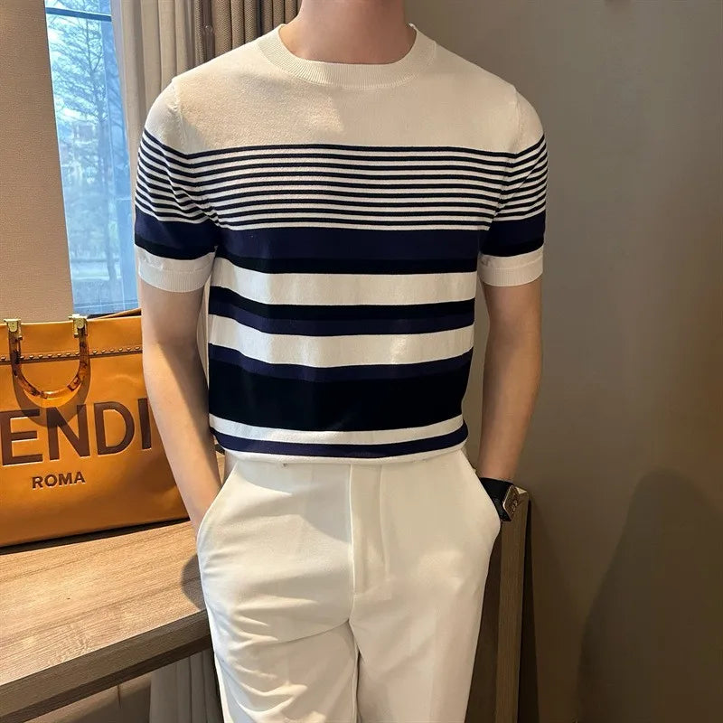 Men's Clothing Light Luxury Business Striped T-shirt Casual Slim Knitted O Neck Short Sleeve T-shirt High Quality Patchwork Tops voguable