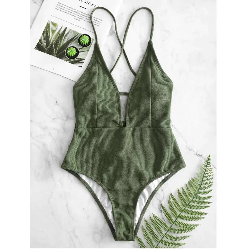 Voguable Lace Splicing Back Hook Closure One Piece Swimsuit Women Solid Green Bandage Swimwear Beach Backless Monokini Bathing Suit voguable