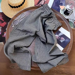 Korean Chic Plaid Casual Pants Women Summer High Waist Retro All Match Wide Leg Pants Y2K Loose Drawstring Straight Trousers voguable