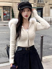 Voguable Furry Hooded Sweaters Coat Autumn Winter Women Casual Hoodie Y2K Zipper Cropped Sweater Jacket Korean Female Knitwear voguable