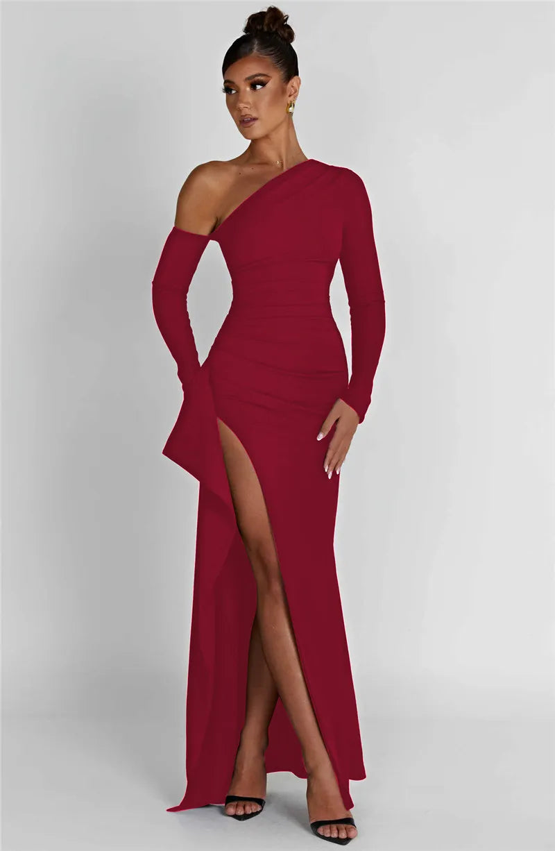Oblique Shoulder Thigh High Split Maxi Dress Women Long Sleeve Backless Bodycon Sexy Club Party Long Dress Vestidos voguable
