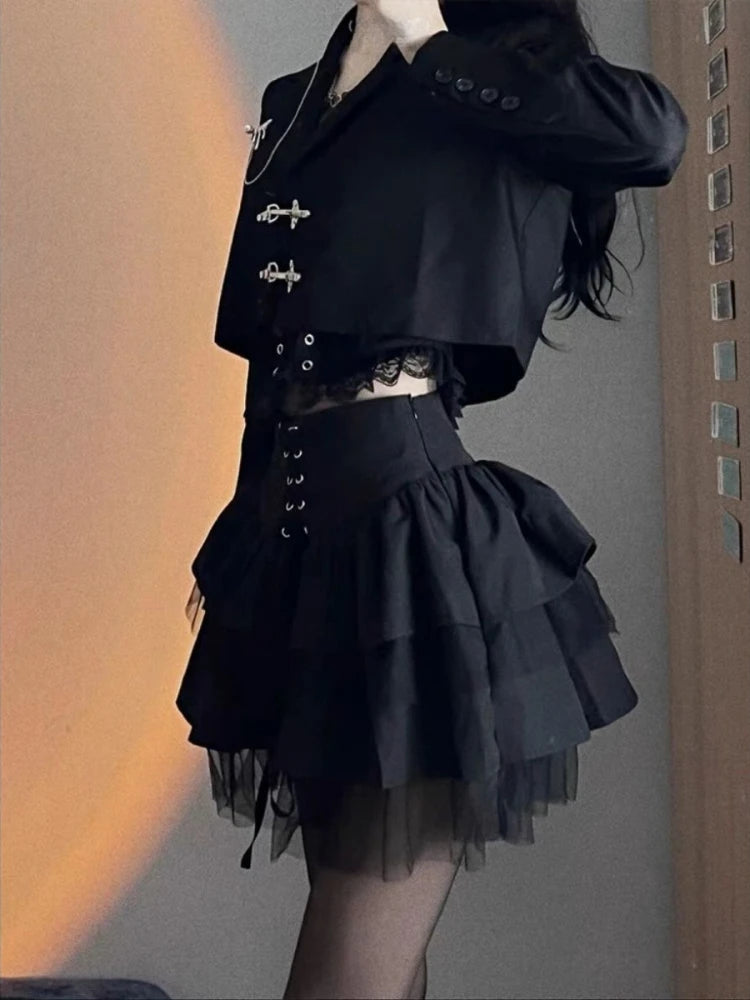 Voguable Vintage Black Jackets Suit Korean Fashion 2 Piece Sets Casual Short Blazers Coat + Slim Mini Cake Skirt Woman Autumn Design voguable