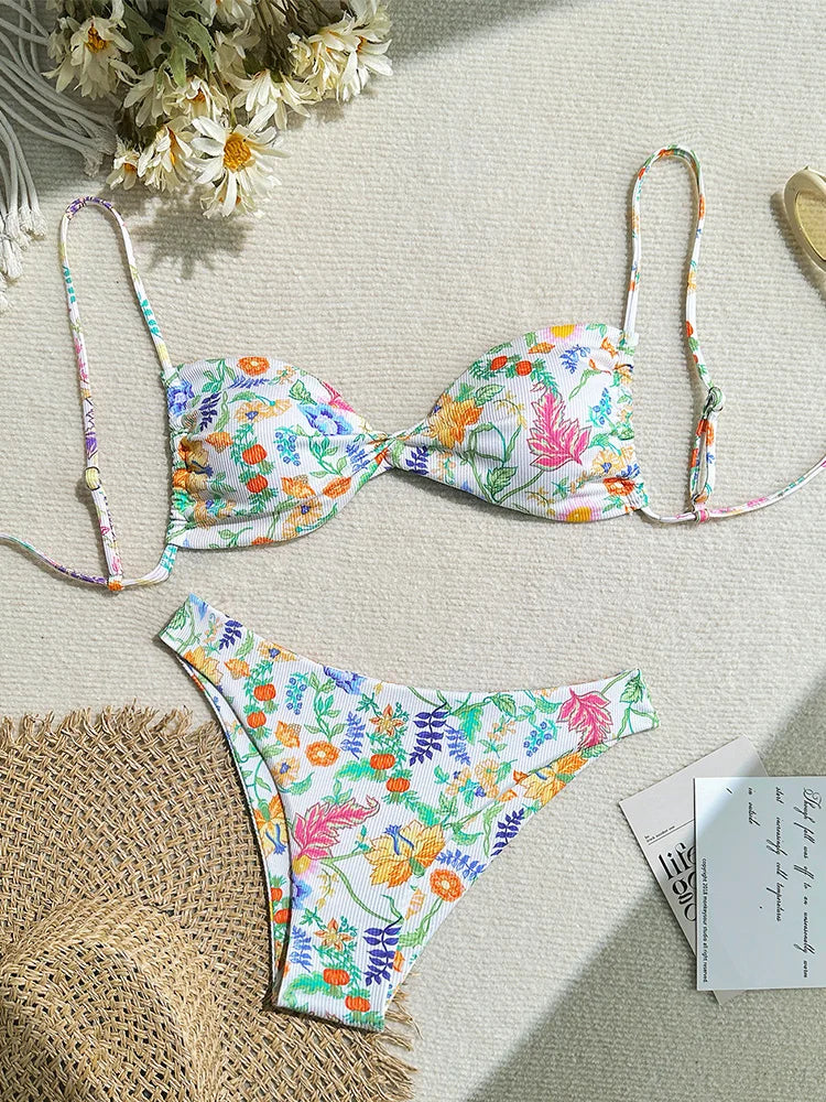 Voguable  Fashion Floral Backless Bandage Bikini Women Split Swimsuit Beach Vacation Bikini New All Season Bikinis 2 Piece Set voguable