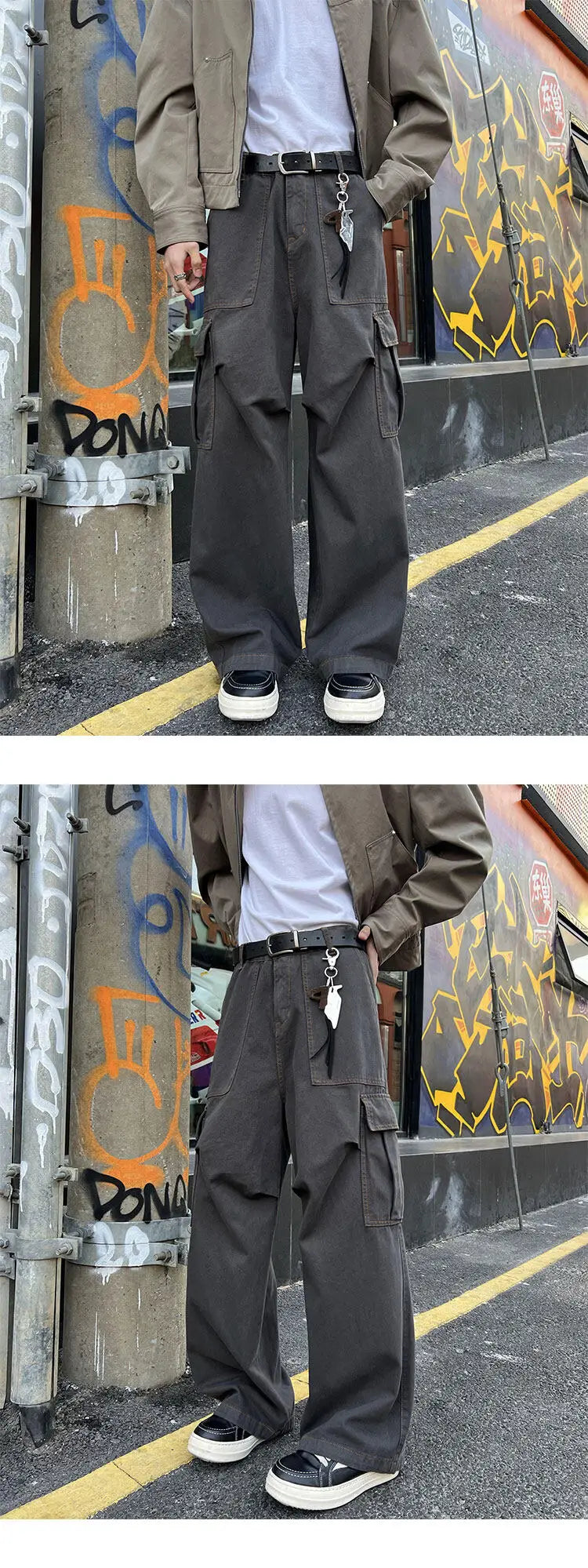 Mens Casual Workwear Cargo Pants Loose Fit Straight Wide Leg Multi Pocket Utility Tactical Outdoor Hiking Durable Heavy Duty voguable