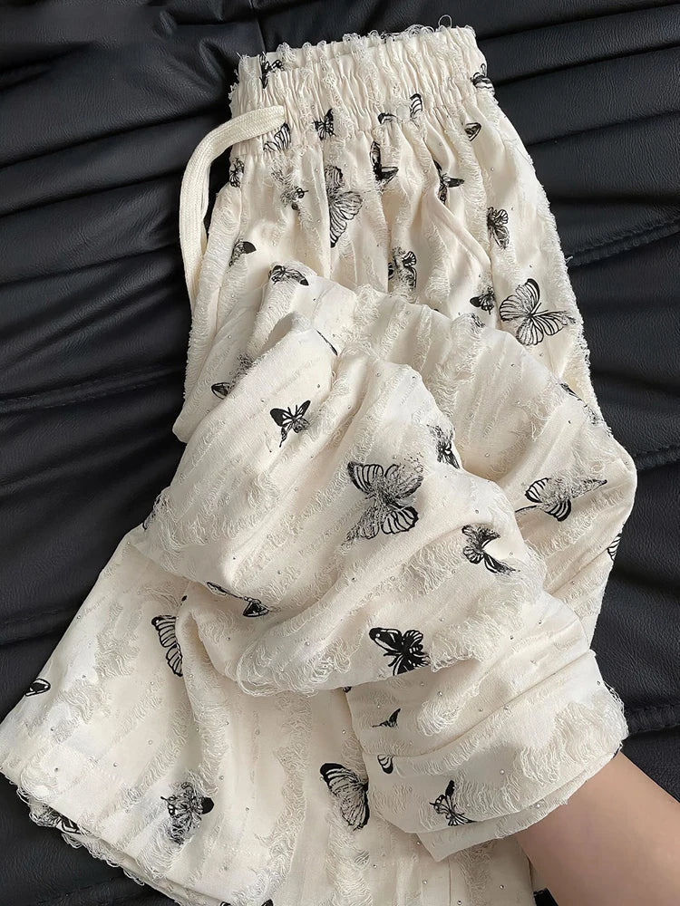 High Waist Wide Leg Pants Women Summer Loose Butterfly Print Female Casual Pants Y2K Korean Drawstring Floor Length Trousers voguable