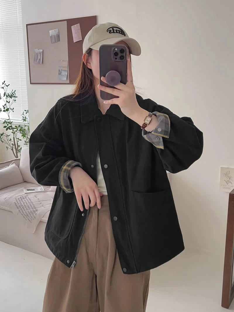Fall Women Cargo Jacket Loose Preppy Style Long Sleeve Vintage Coat Casual Big Pockets American Retro Solid Bf Outwear Tops voguable