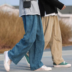 Autumn Men Pants Solid Color Wide Leg Elastic Waist Loose Straight Corduroy Trousers Relaxed Fit Corduroy Pants for Jogging voguable