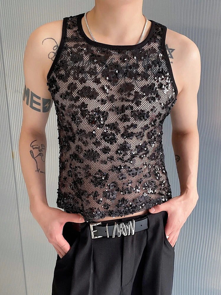 Voguable Sequin Splicing See-through Design Sexy Trendy Sleeveless Vest Original Personality Stylish Street Men's Tank Tops voguable