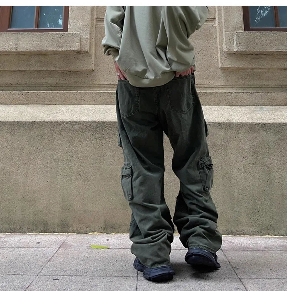 Street Popular White Multi-pocket Overalls Men's Harajuku Style Loose Casual Trousers Straight Mopping Pants Autumn New voguable